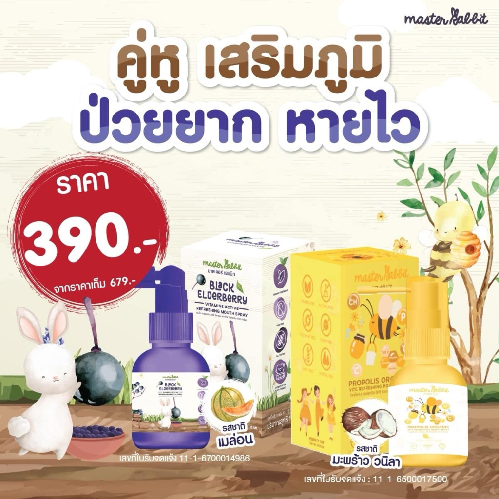 (ส่งด่วน/ส่งทันที🔥) โพรโพลิส สเปรย์แก้เจ็บคอ Master Rabbit Propolis แบล็กเอลเดอร์เบอร์รี่ สำหรับเด็ก Black Elderber