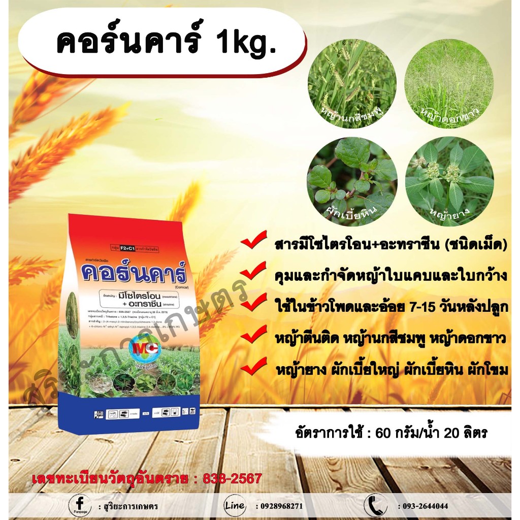 คอร์นคาร์ 1kg. มีโซไตรโอน + อะทราซีน  สารคุมวัชพืช สารกำจัดวัชพืช ใบแคบ ใบกว้างหญ้าตีนติด หญ้าตีนกา หญ้านกสีชมพู หญ้าดอก