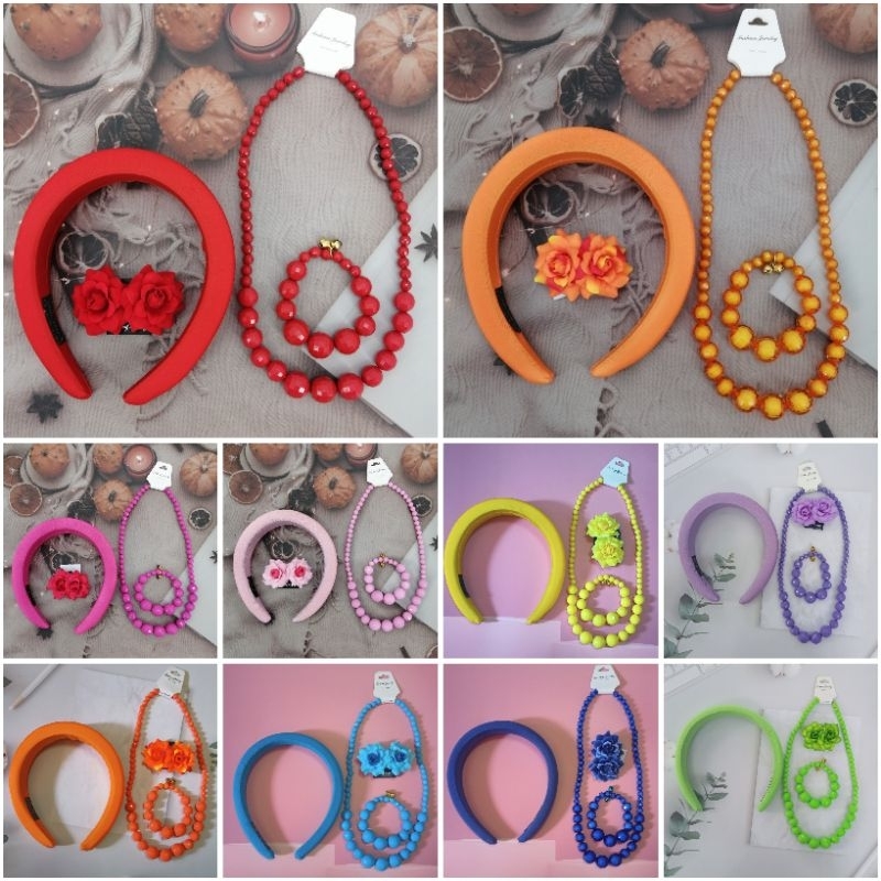 พร้อมส่ง เซ็ตเครื่องประดับทองกวาวย้อนยุค 4 ชิ้น (ที่คาดผม+ต่างหูหนีบกุหลาบ+สร้อยคอ+กำไล)
