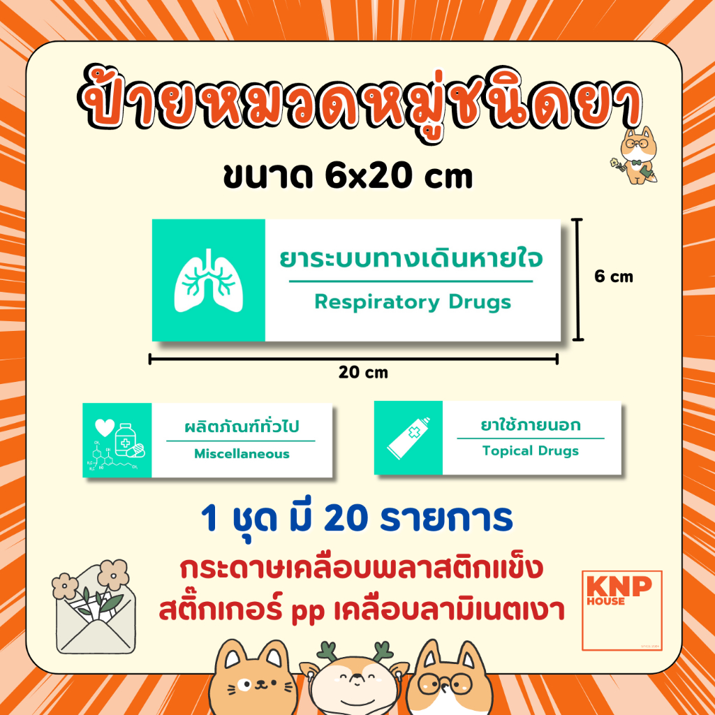 ป้ายร้านยา หมวดหมู่ยา ชนิดของยา 1ชุด มี 20 รายการ สติ๊กเกอร์หรือกระดาษเคลือบแข็ง