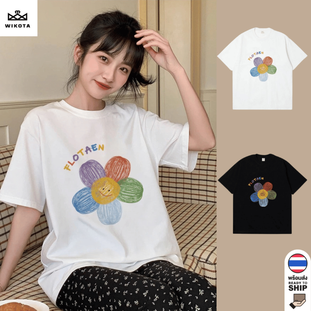 [W0229] เสื้อยืดแขนสั้น สกรีนลายดอกไม้ ใส่ได้ทุกเพศ ผ้านิ่มยืดใส่สบาย ทรงหลวมๆ ใส่ได้ทุกโอกาส แมทช์ง่าย สไตล์เกาหลี