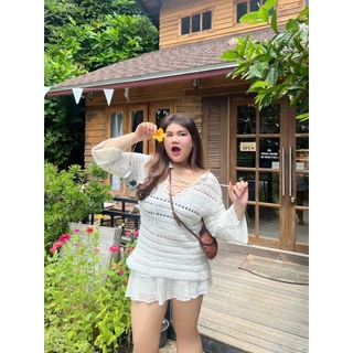 CiCi Plus+(ZH678) เสื้อคอวีแขนยาว ผ้าไหมพรมถัก ดีเทลแต่งเชือกไขว้ด้านหน้าสลับกัน สไตล์พลัสไซส์