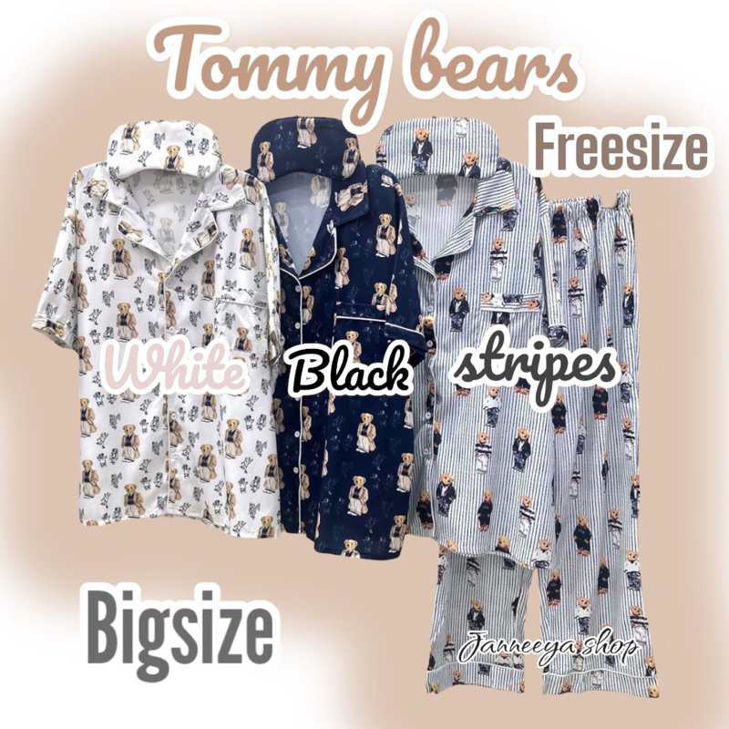 Tommy bears ชุดนอน ผ้าไหมเกาหลี (แขนสั้น+ขายาว) ฟรี ผ้าปิดตา