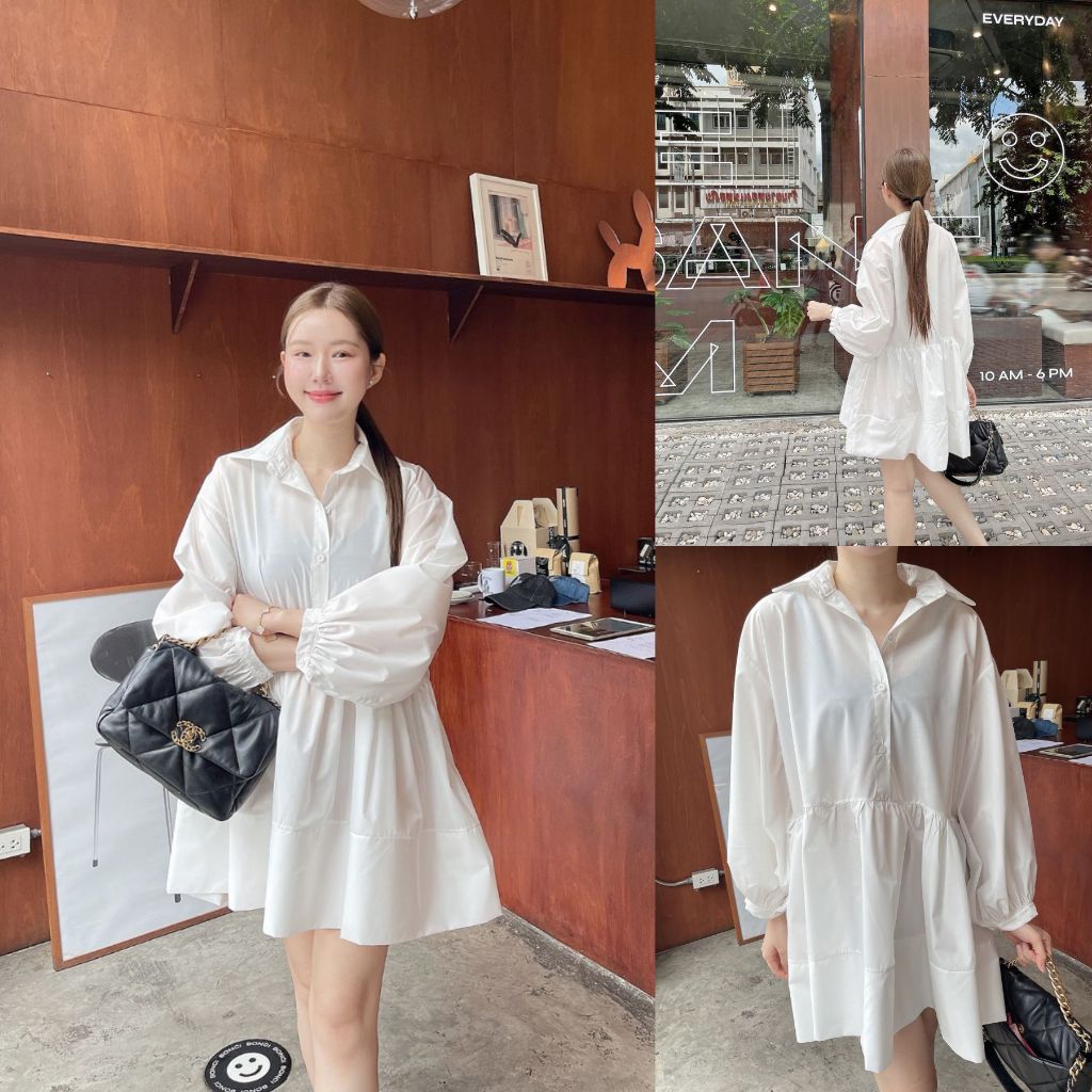 ขาว/น้ำตาล SLYQ MUFFIN OVERSIZED SHIRT DRESS เดรสปกเชิ้ตทรงโอเวอร์ไซส์แขนยาวพองๆ