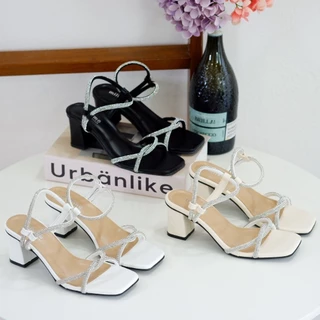 MILKMEshoes รองเท้าส้นสูงผู้หญิง รุ่นANGEL รัดส้นสายเพชร ส้นตันสูง 3 นิ้ว สายคาดเพชรสุดหรู ใส่แล้วดูแพง พร้อมส่ง (ST664)