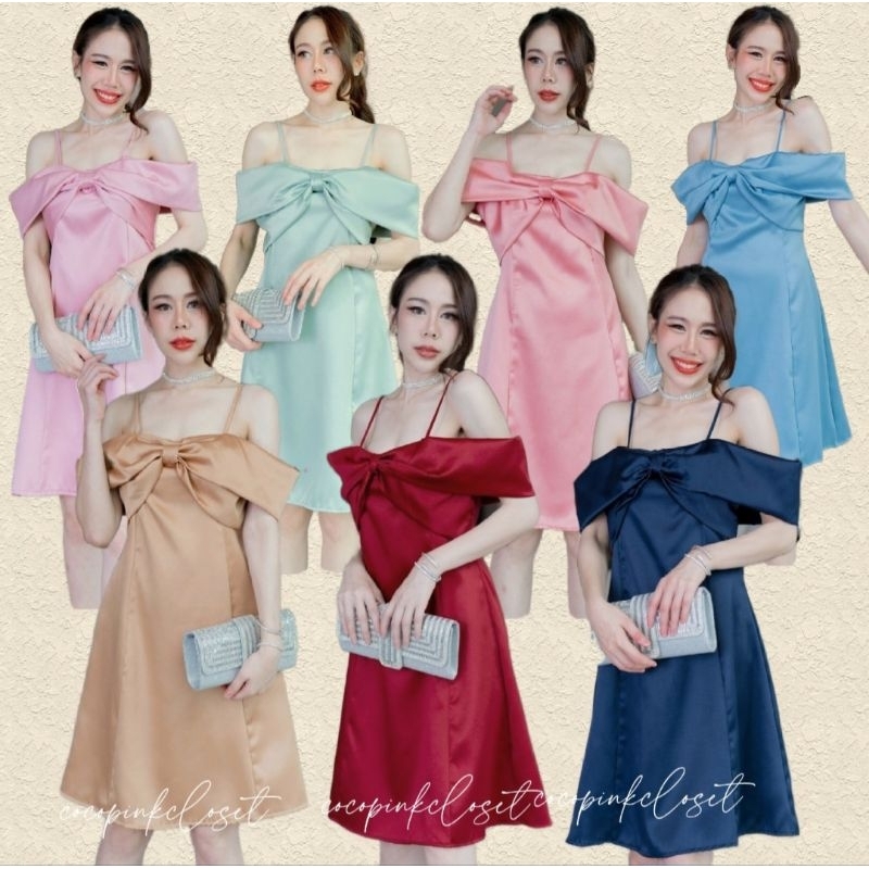 C042 เดรสปาดไหล่สายเดี่ยว แต่งโบว์ด้านหน้า ใส่ออกงาน เพื่อนเจ้าสาว ผ้าเงาซาร่า #เดรสออกงาน#เดรสงานเพื่อนเจ้าสาว