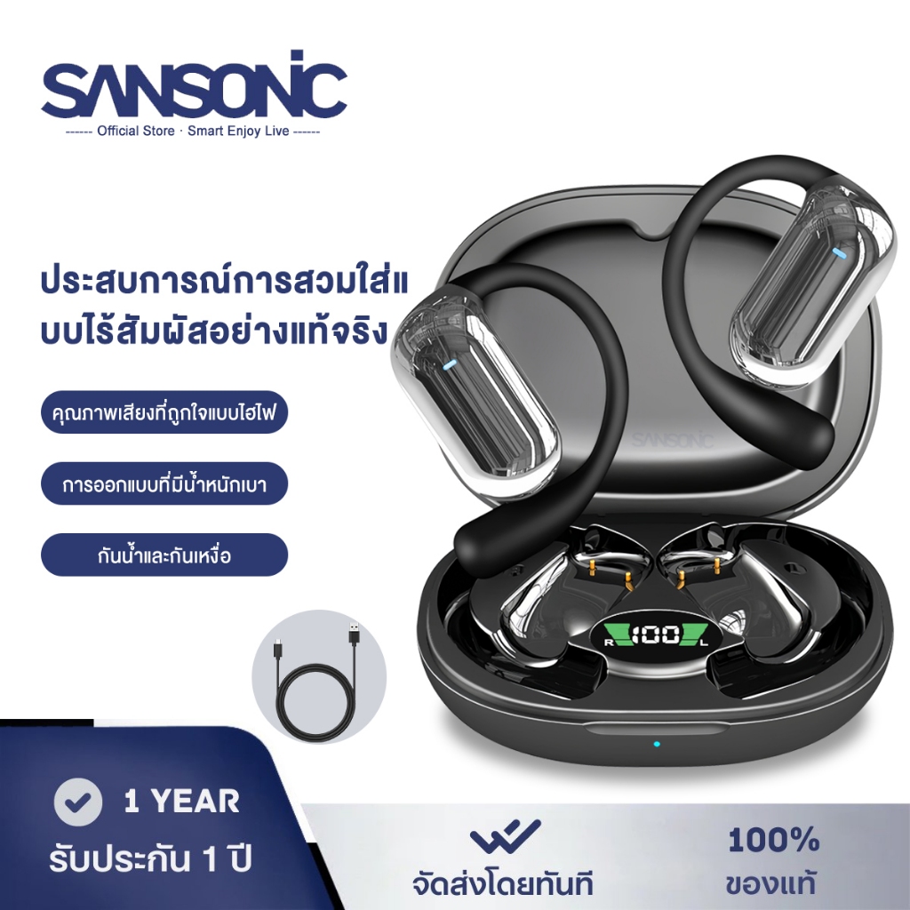 SANSONIC หูฟังบลูทูธไร้สาย หูฟังไร้สาย หูฟังออกกําลังกาย ที่เกี่ยวหู กันน้ำ IPX5 หน้าจอ LCD พร้อมไมค์ ใช้กับ IOS Android