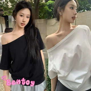 bentoy(Q651)เสื้อยืดแขนสั้น คอกว้าง ปาดไหล่ได้ สีพื้น ผ้านิ่มใส่สบาย สายเกาหลี
