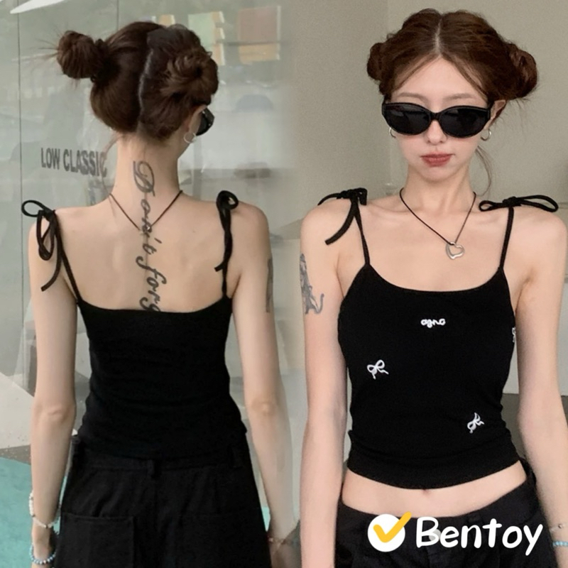 bentoy(bratop2108)เสื้อสายเดี่ยวมีฟองน้ำ ดีเทลสายแบบผูก ลายโบว์เล็กๆงานปัก น่ารักมาก4สีให้เลือก