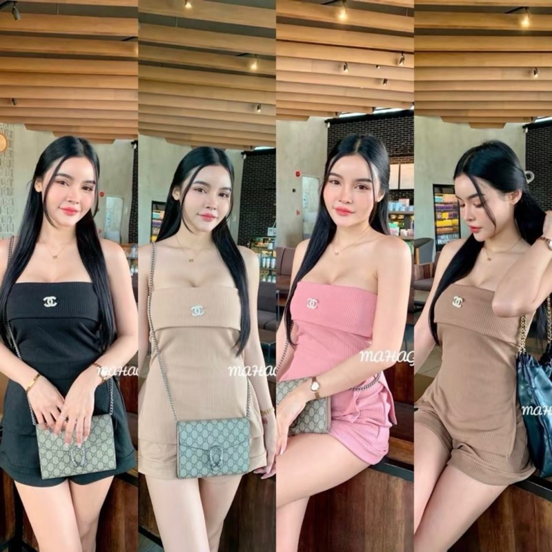 พร้อมส่ง ชุดเซ็ตเกาะอก เสื้อกาะอกและกางเกงขาสั้น มีอะไหล่โบว์ติดอก ได้ทั้ง2ชิ้นผ้ายืดได้เยอะ