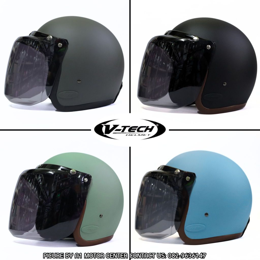 V-Tech รุ่น A300 หมวกกันน็อคคลาสสิค พร้อมหน้ากาก ฟรีไซซ์รอบศีรษะประมาน 58-59 cm มาตรฐาน มอก.