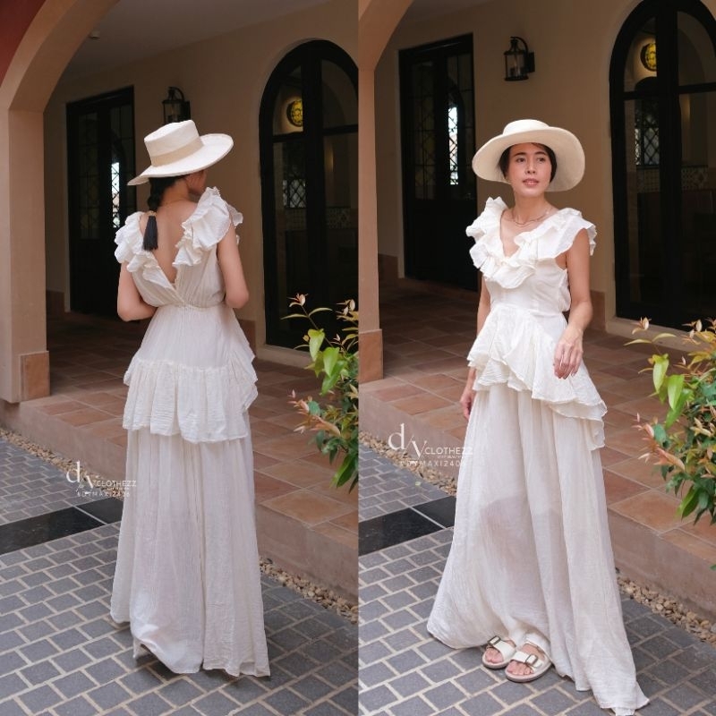 DYMAXI2406 เดรสคอวี แต่งระบาย