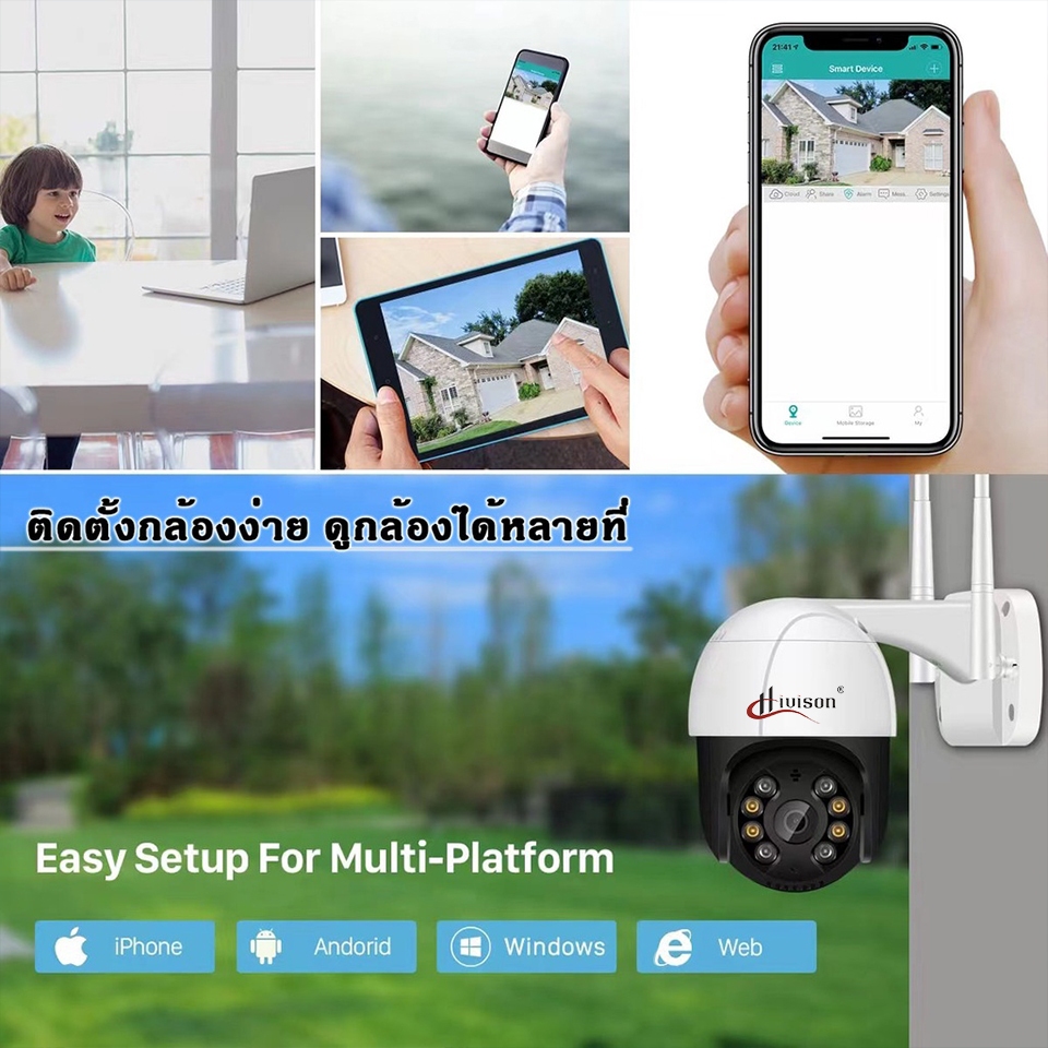 Hivison กล้องวงจรปิดไร้สาย HD1080P Full Color PTZ กันน้ำ กันฝน Wifi มีภาษาไทย 2-way audio ไฟ LED