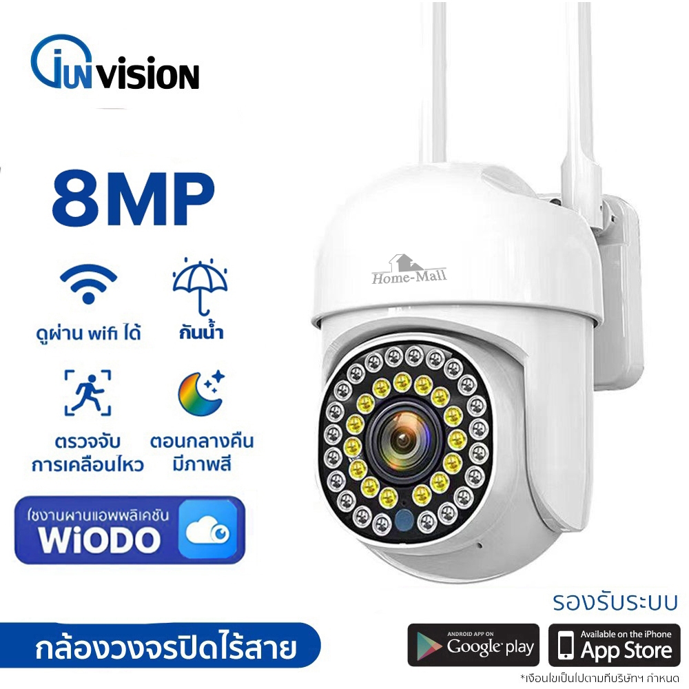 Junanvision i8 กล้องวงจรปิดกันน้ำไร้สาย ไวไฟ2.4G ภาพสีชัดในที่มืด มีไมค์ลำโพง ดูออนไลน์ได้ App WIODO