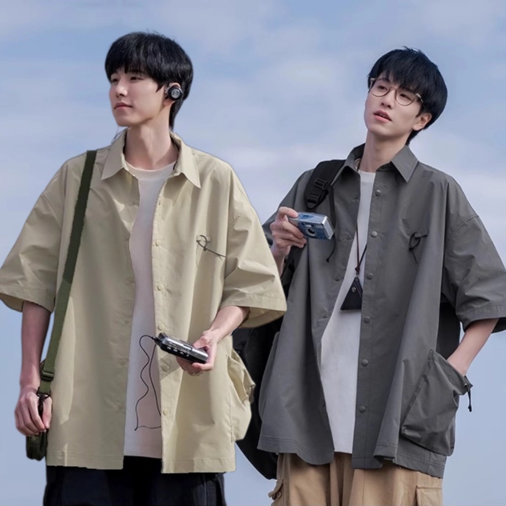 เสื้อเชิ้ตผู้ชาย เสื้อเชิ้ตแขนสั้น แบบบาง ผ้านิ่มนุ่ม ระบายอากาศดี ลำลอง oversize