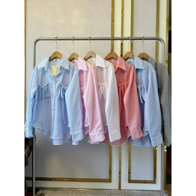 เสื้อเชิ้ตแขนยาว (ผ้าบับเบิ้ลฟู) กระดุมหน้า แต่งกระเป๋า
