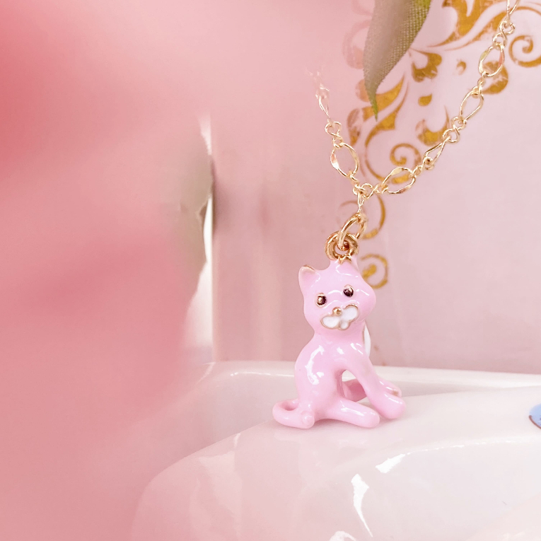 R194 สร้อยคอน้องเหมียวเหมียวชมพู 14K 43 - 48 cm พร้อมกล่องชมพู