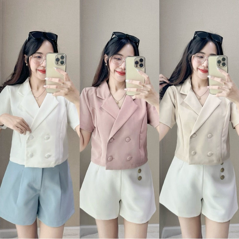 สูทครอปแขนสั้น กระดุมปั๊ม4เม็ด ใช้งานได้จริง เสื้อผ้า ผู้หญิง