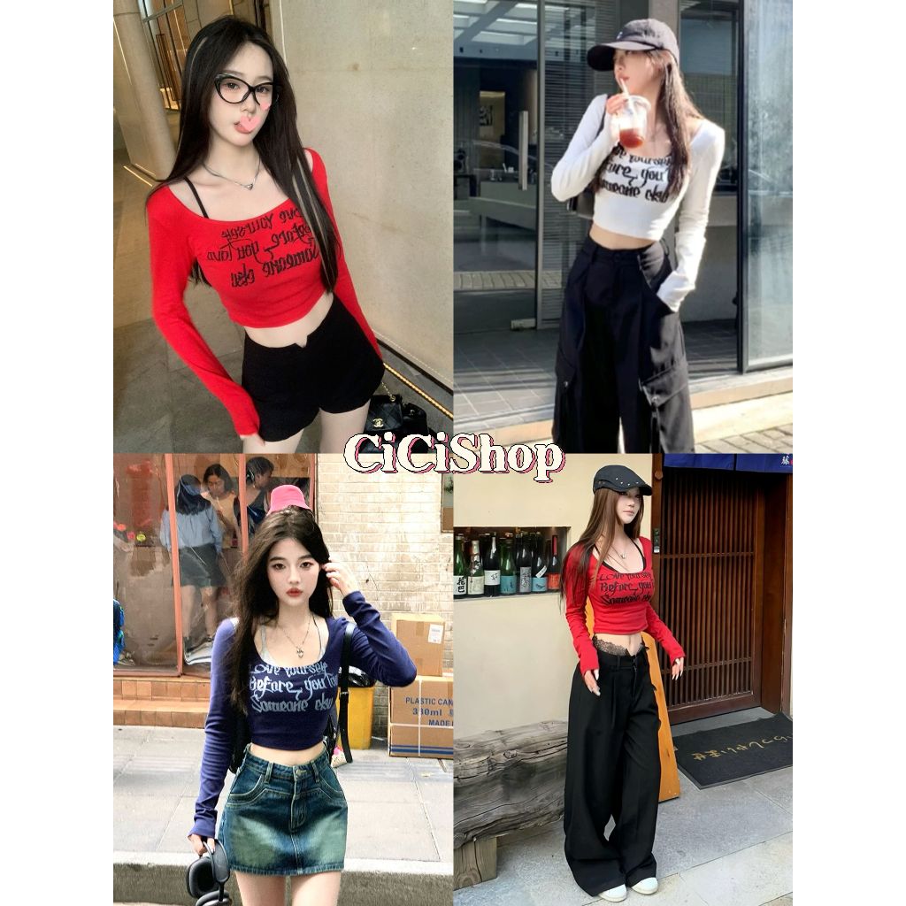 Cicishop(1319) Set2 ชิ้น สายเดี่ยว+เสื้อครอปคอยูแขนยาวคอกลมสกรีนลาย ตัวอักษร ด้านหน้า สายเดี่ยว  เหมาะสำหรับสาวสตรีท