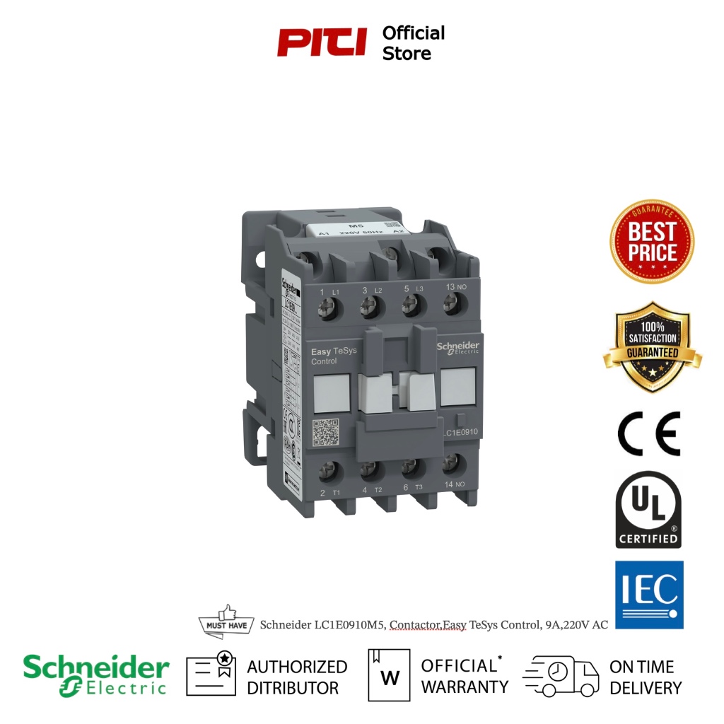 Schneider LC1E0910M5, Contactor,Easy TeSys Control, 9A, 4kW 5.5HP, 220V AC