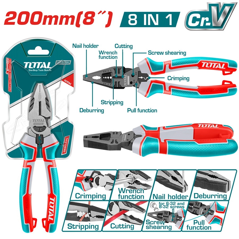 Total คีมปากจิ้งจก อเนกประสงค์ 8 in 1 ขนาด 8 นิ้ว รุ่นงานหนัก รุ่น THTMF186 ( 8 in 1 Multi-function combination pliers )