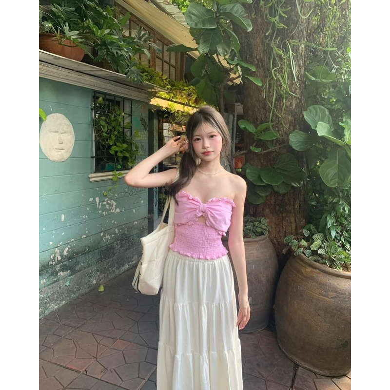 Cara - Pink & White Top เสื้อเกาะอกสม็อกทรงเข้ารูป ผ้าคอตตอนแท้100% แถมด้วยยางมัดผม และ กิ๊ฟผีเสื้อ
