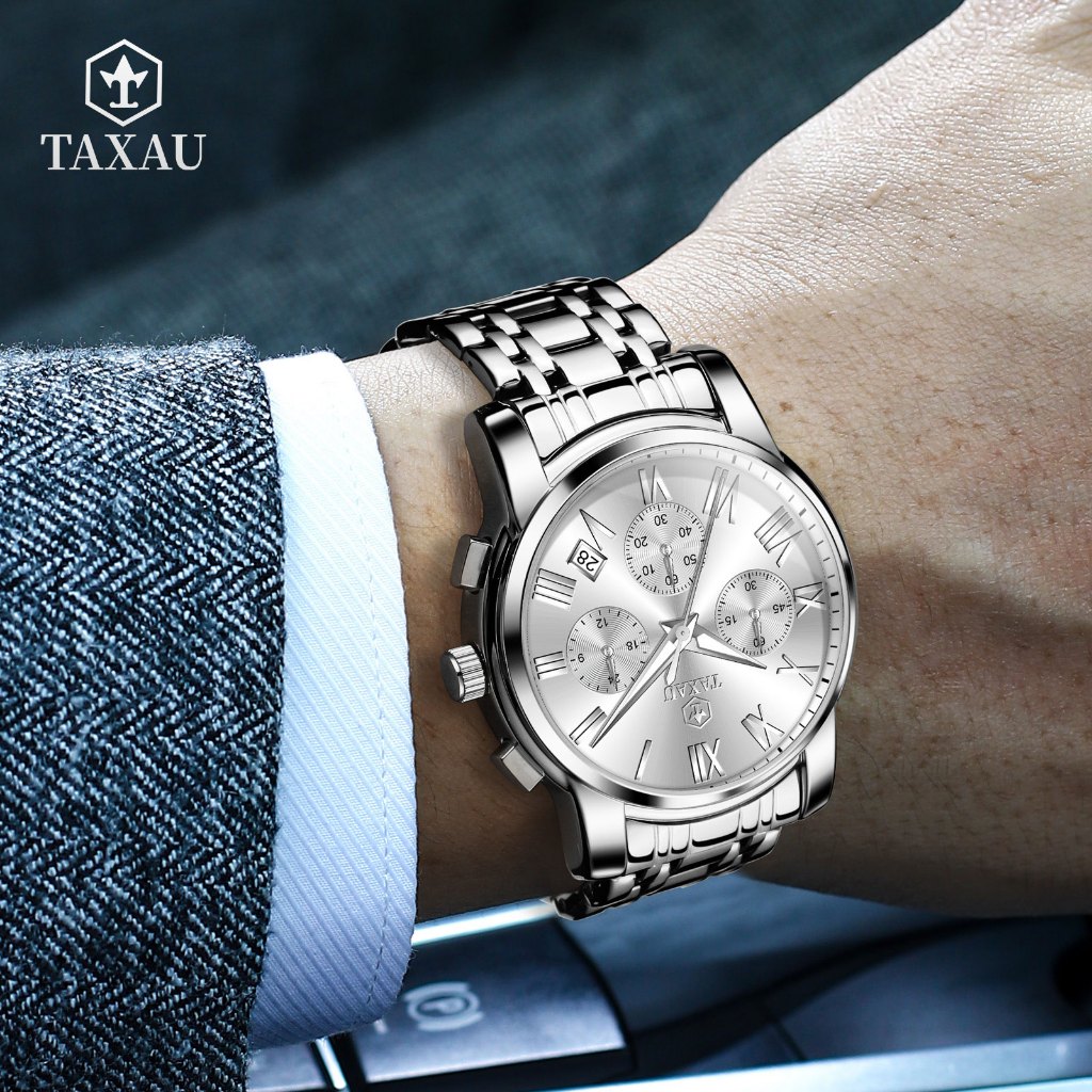 TAXAU นาฬิกาผู้ชาย 100%สายสแตนเลสกันน้ําสไตล์ธุรกิจนาฬิกาควอตซ์ที่เรียบง่ายและมีส ผู้ชายนาฬิกาข้อมือ