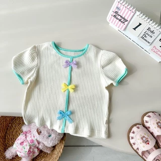 Babyonline(Y529)A1 (ส่งด่วน1วัน)เสื้อยืดแขนสั้นสำหรับเด็กผู้หญิงผ้าร่องสีพื้นแต่งโบว์ นุ่ม ลื่น ใส่สบาย