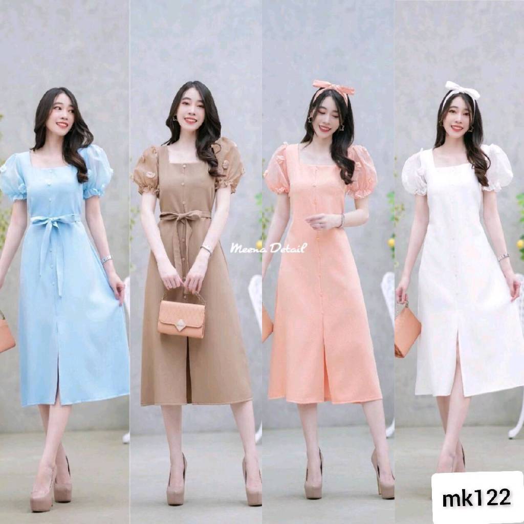 เดรสแต่งแขนตุ๊กตาปอมๆ ทรงคอเหลี่ยม ผ่าหน้า มีโบว์ผูกเอวผูกเอวได้ ชุดเดรสออกงาน เก็บเงินปลายทาง