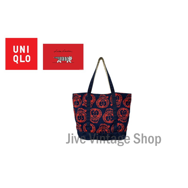 กระเป๋า UNIQLO x Lisa Larson tote bag (สภาพดี สีเฟดตรงสาย) ผ้าแคนวาสหนา สกรีนลายสิงโต น่ารักๆ สีสด ม