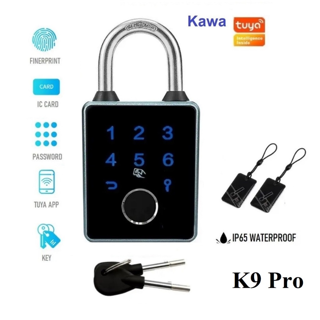 แม่กุญแจ Kawa K9 Pro ปลดล็อคด้วยลายนิ้วมือ + แอป Tuya + รหัสผ่าน + กุญแจ + คีการ์ด กันน้ำ IPX5 ถอดเป