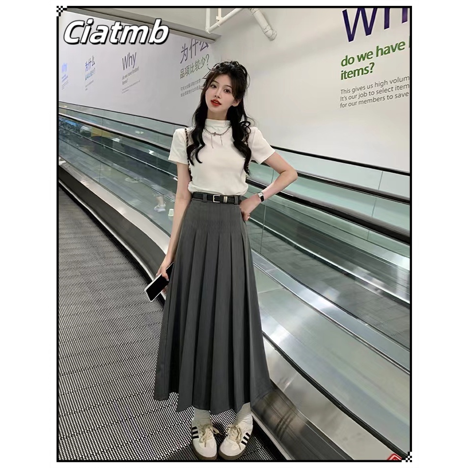 Ciatmb กระโปรงยาวสไตล์เกาหลีอินเทรนด์นางสาว กระโปรงทรงเอ เอวสูง สลิม กระโปรงจับจีบสีสดหวาน