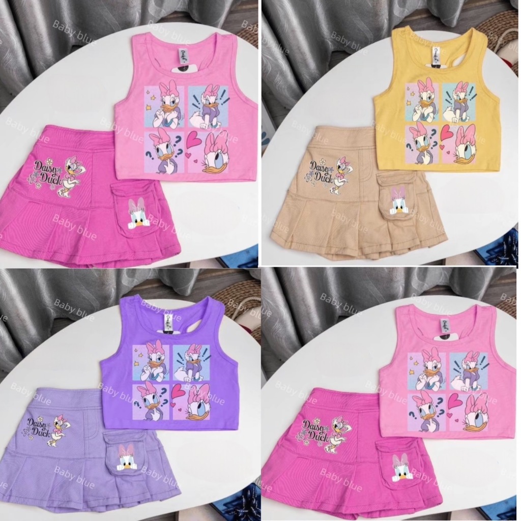ชุดแฟชั่นเด็กผู้หญิง เซท 2 ชิ้น เสื้อสกรีนลายการ์ตูน+กระโปรง มี 3 สี สีชมพู สีม่วง สีเหลือง สวยน่ารักต้อนรับซัมเมอร์
