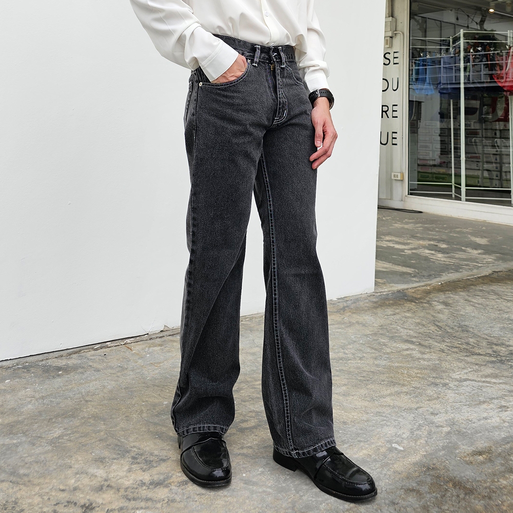 Golden Zebra Jeans กางเกงยีนส์ชายแฟชั่นขากระบอกใหญ่ผ้าไม่ยืดสีดำเทา ผ้าซุปเปอร์แบล็คฟอกนิ่ม #219BK