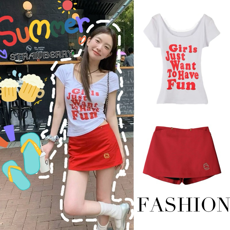 STR พร้อมส่ง🍓ชุดสีแดง ชุด2ชิ้น ชุดสาวเกาหลีY2K คุณหนู เสื้อยืดครอปรัดรูป+กระโปรงสั้น แฟชั่นผู้หญิงเซ็กซี่ ชุดไปเที่ยว