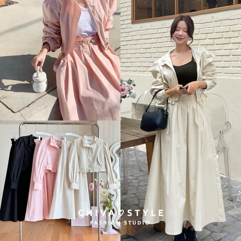 -𝐂𝐡𝐢𝐯𝐚- พร้อมส่ง Nylon skirt set | เซ็ตเสื้อแขนยาวจั้มเอว + กระโปรงยาวผ้าไนลอน