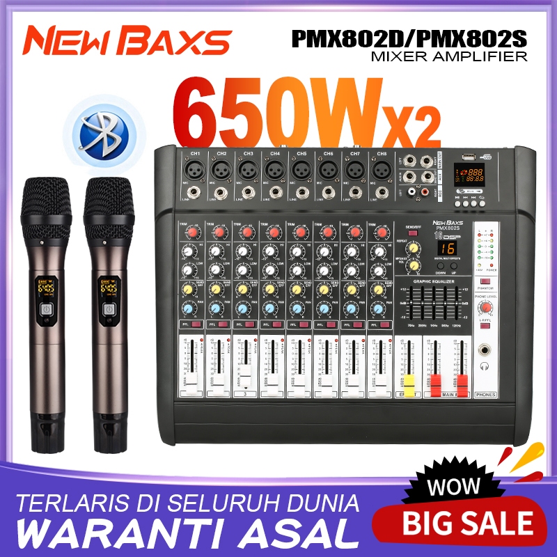 NEW BAXS PMX802S เครื่องผสมมืออาชีพ 8 ช่อง 16DSP ควอไลเซอร์ 2 ชั้น EQ ไมโครโฟนไร้สาย 2 มือถือ 650W