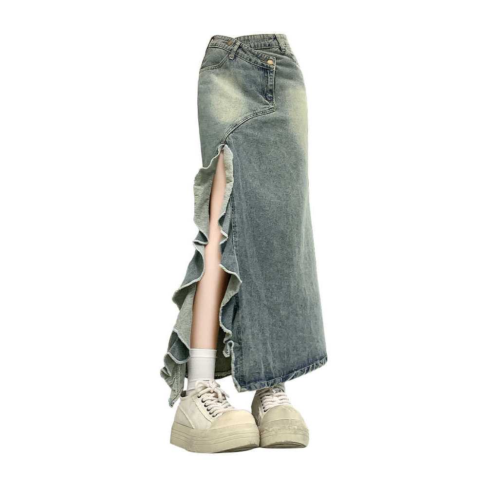 【xxavc825h0】 จัดส่งภายใน 24 ชั่วโมง RetroHotGirlDENIMกระโปรงผู้หญิงฤดูร้อนเอวสูงสะโพกSlimหยักFishtailกระโปรง