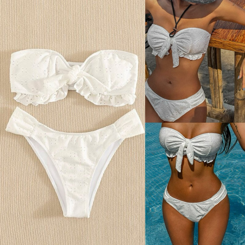 Bowbow Bikini บิกินี่เกาะอกแต่งโบว์สีขาว ผ้าฉลุ ชุดว่ายน้ำสีขาวผ้าลูกไม้ฉลุ