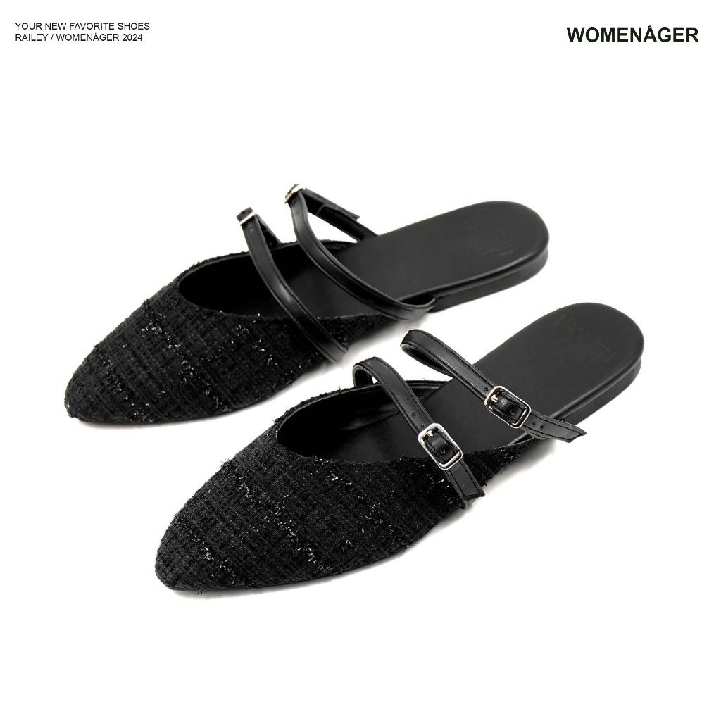womenager - Railey Black tweed รองเท้าหัวแหลมเปิดส้น