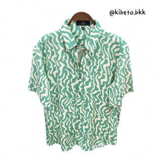 Kibeto เสื้อฮาวาย ลายคลื่นเล็ก สีเขียวมิ้นท์ ผ้าสปันเรยอน เน…