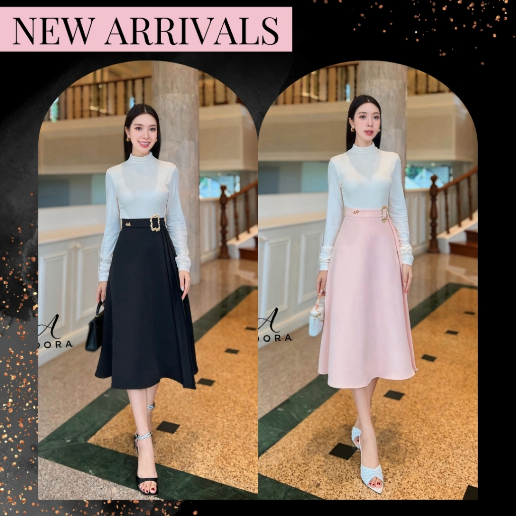 S-XL 2 สี ชุดเซ็ทสวยเรียบหรู ดูผู้ดีมากๆค่ะ เสื้อแขนยาว + กระโปรงทรงสวิงแต่งเข็มขัด งานป้าย Adora