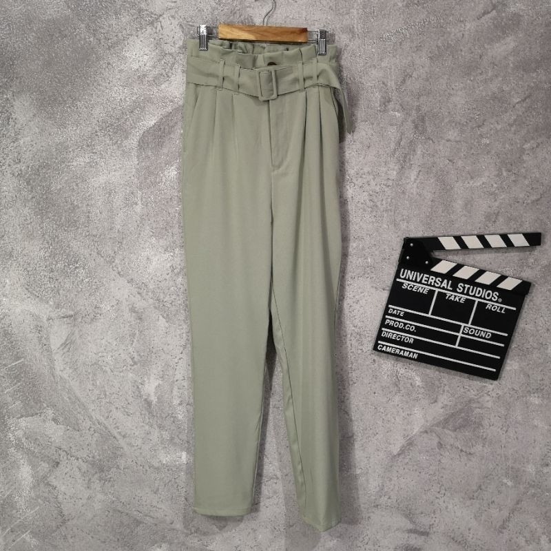 ผ้ามือสอง กางเกงขายาวเอวสูงสม็อคหลัง GRL