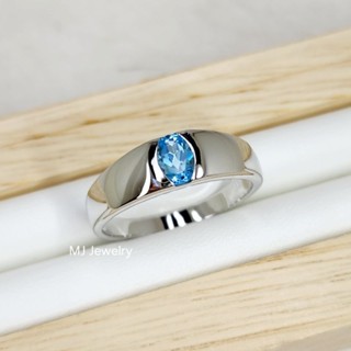 แหวนชาย ทรงปลอกมีด ประดับพลอยแท้ 100% ขนาด 6×4 มิล แหวนเงินแ…