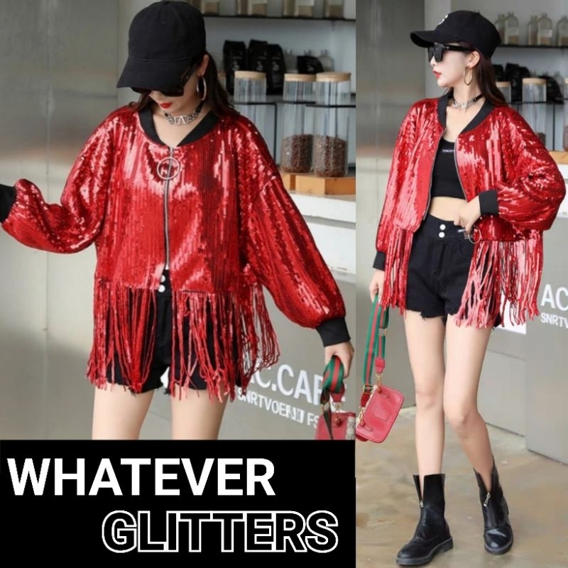 เสื้อเเจ็คเก็ตเลื่อม เสื้อคลุมกลิตเตอร์ติดพู่ฟรุ้งฟริ้งสีแดง (สินค้าในไทย )