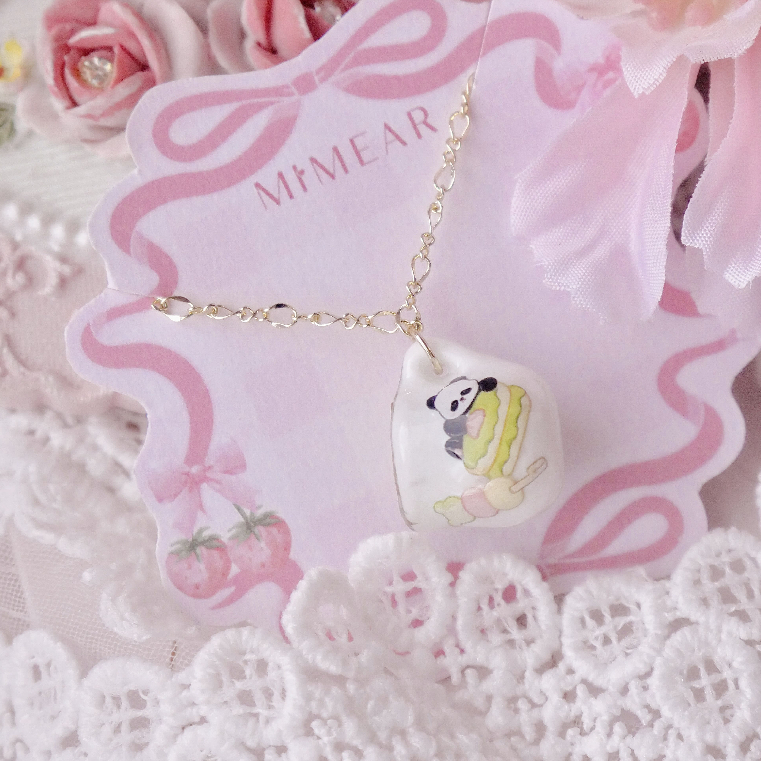 R551 สร้อยคอน้องแพนดี้กาชาเขียว 14K 43 - 48 cm พร้อมกล่องชมพู