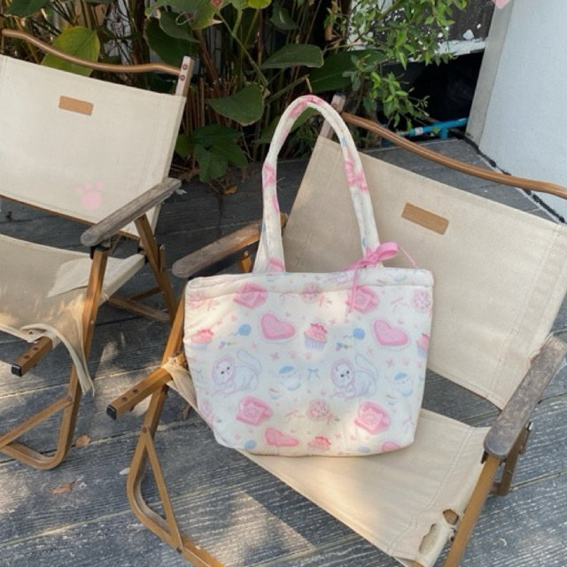 💗พร้อมส่ง  🪜ꕀ . 🧈🪞  Sweety kiitten fluffy bag  กระเป๋านุ่มนิ่ม ผ้าพิมพ์ลาย 🌷ꕀ . 🧈