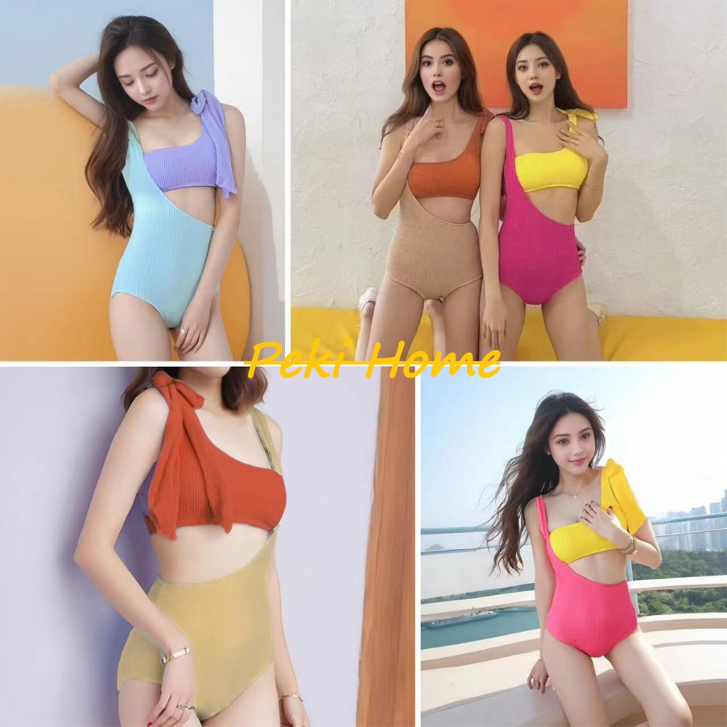 ชุดว่ายน้ำหญิงแบบไหล่เดียว ดีไซน์สีสันหรูหรา