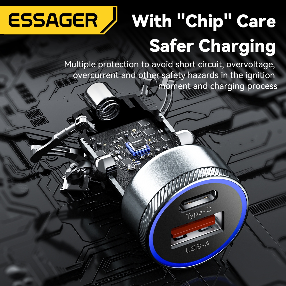 Essager เครื่องชาร์จในรถยนต์ 54W USB A Type C PD ชาร์จเร็ว ไฟหายใจ ชาร์จโทรศัพท์เร็ว - ภาพย่อย 5