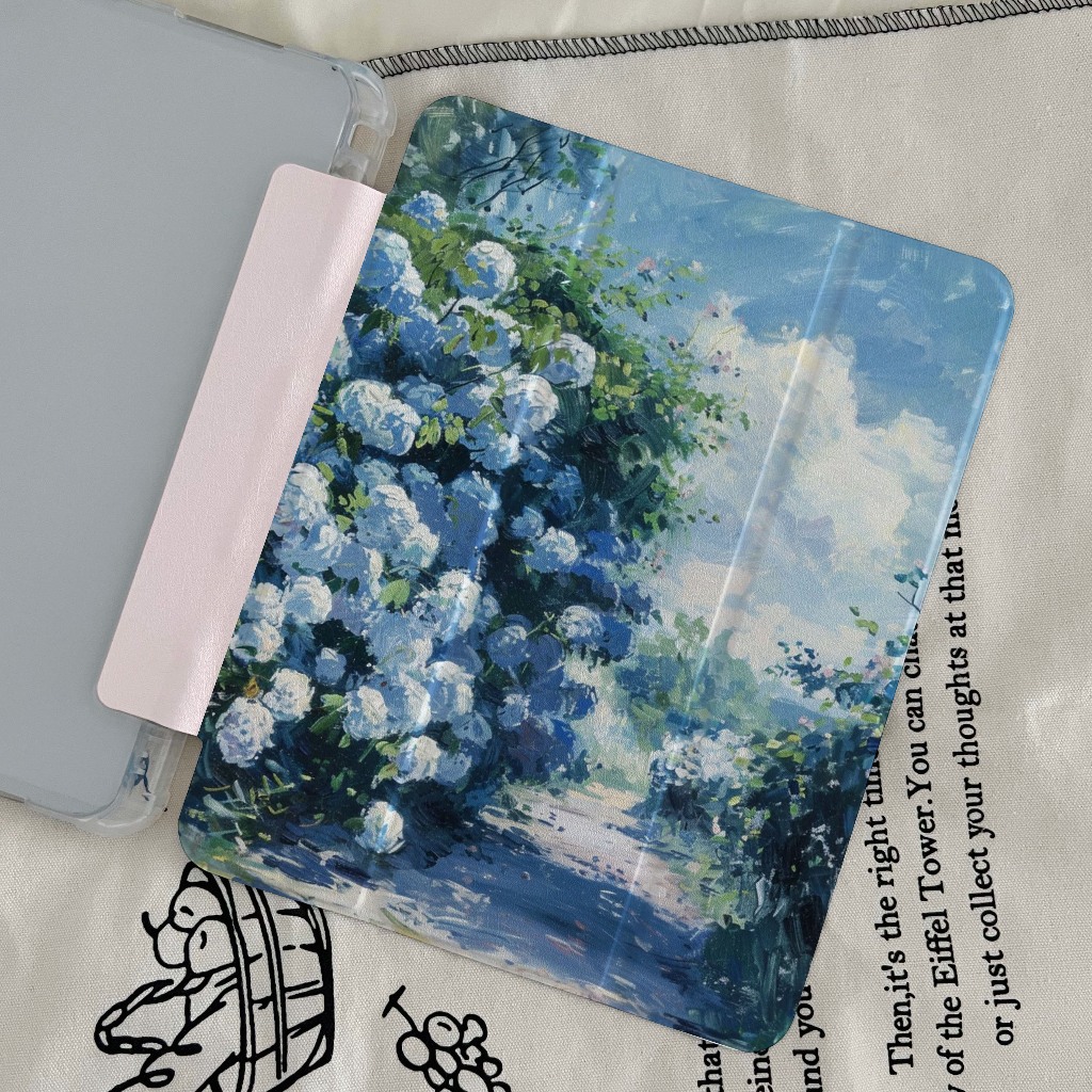 จัดส่งทันที เคสไอแพด ดอกไม้สีฟ้า Gen11 Air5/4 Air8/7 11 Gen9/8 mini7สไตล์ภาพวาดสีน้ำมัน เคสipad